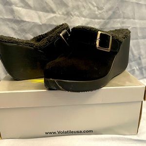 Volatile Black Suede and Faux Fur Lionel Wedge Platform Clog w/Buckle Detail